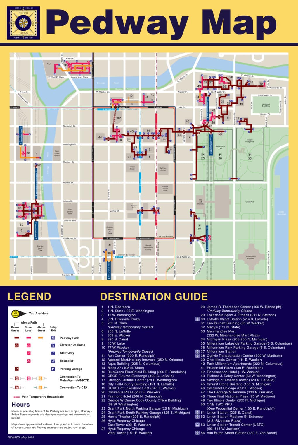 Simplified map of Chicago Loop with a Legend and Destination Guide.