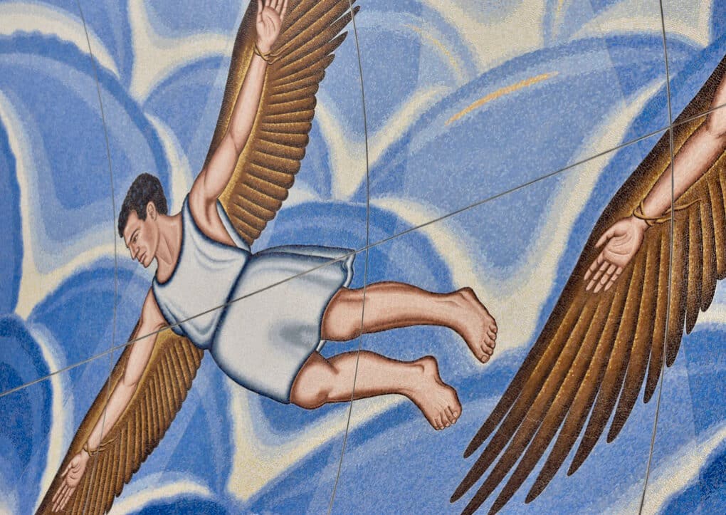 Color photograph of a painting with a blue-and-white background, showing one man and the hand and arm of a second, each wearing wings tied to their arms.