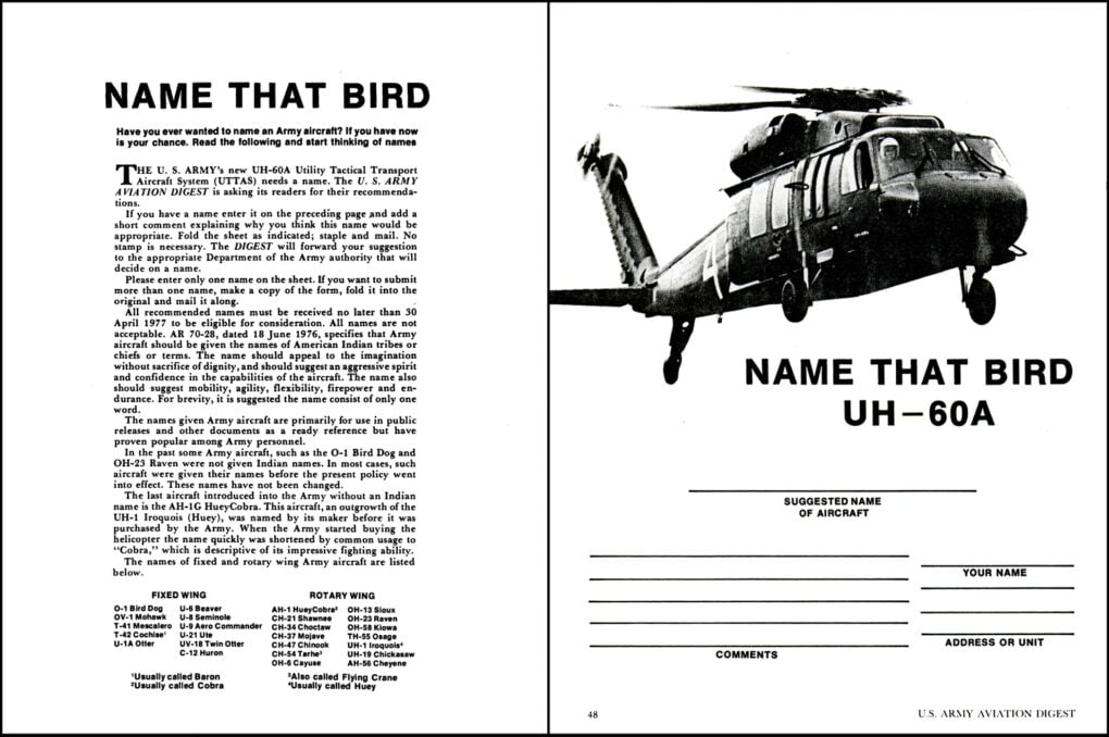 Black-and-white double-page spread from a magazine; left-hand side titled "Name that Bird"; right-hand side with photograph of UH-60A helicopter.