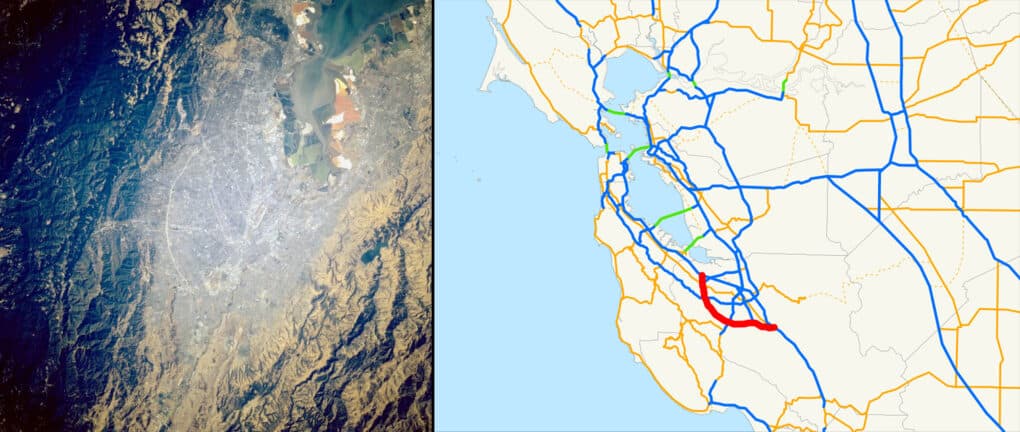 Image on left is satellite photo that shows mountains with a city in the valley between the mountains, and a white curved line indicating a large road. Image on right is simple map, a closeup of California's Silicon Valley, with highway 85 as a red line, and all other highways as blue lines.