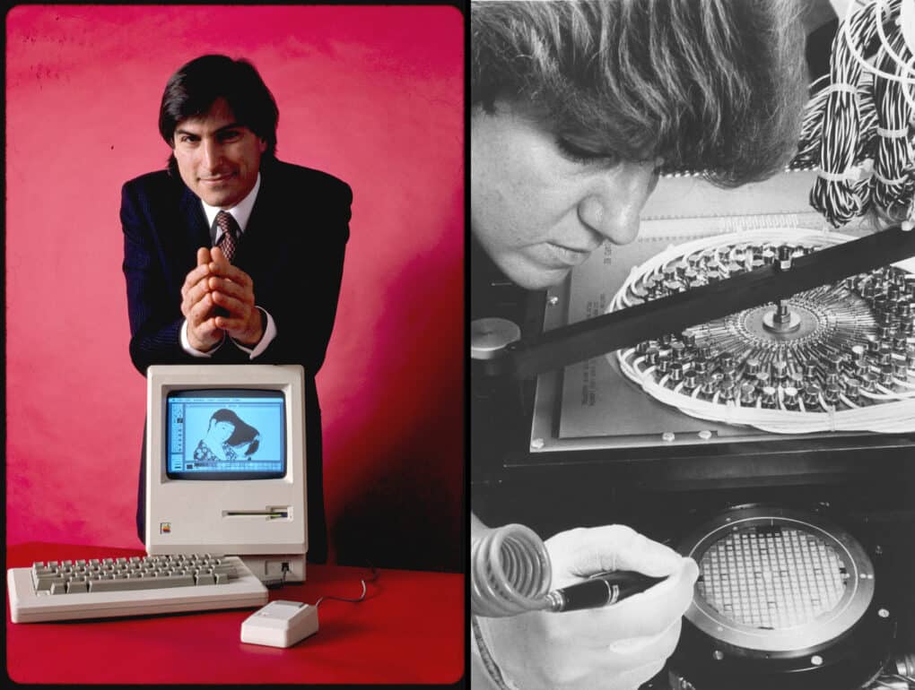 On the left is a photo of a white man in a suit, smiling with no death and leaning forward so that his elbows rest on a vintage Apple computer. On the right is a black and white close-up of a woman working with tiny bits, apparently placing them in a device of some kind—very painstaking work.