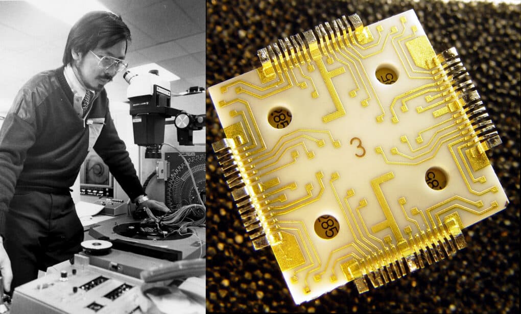 Photo on shows Asian man with aviator glasses and goatee working on electronics equipment, using microscope type device. Image on right is a of a small square with tiny gold metal nubs around four sides.