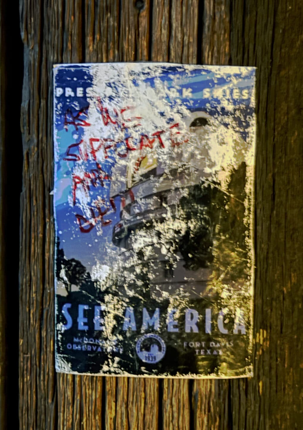 Color photograph of a degraded blue poster tacked to a telephone pole; red graffiti is faintly legible on it.
