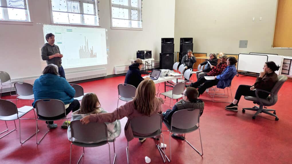 A small group of people are seated on chairs in a semi-circle in a large room with red linoleum floor. Someone is standing in front presenting material and projecting a graph.