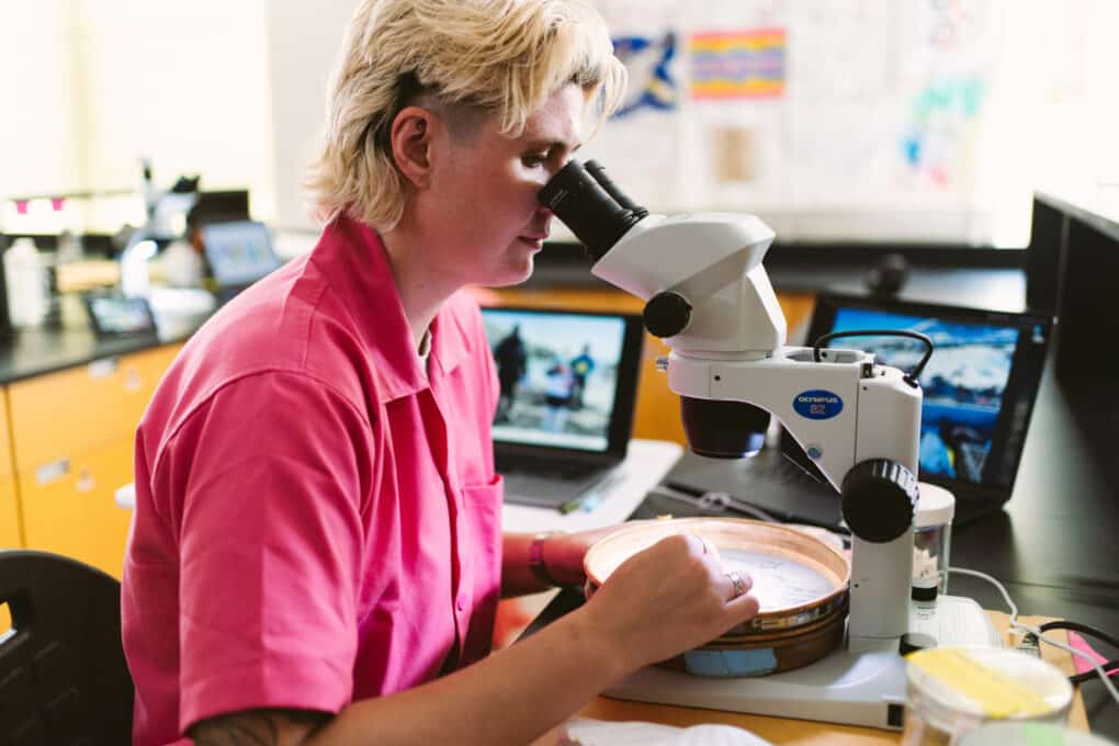 A white nonbinary person with bleached hair and tattoo, wearing a pink lab coat, looks through a microscope.