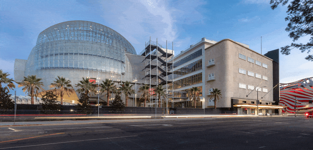 Academy Museum of Motion Pictures, exterior view of new and renovated buildings.
