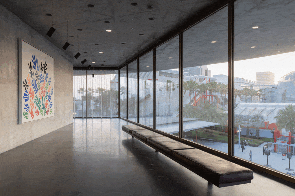 LACMA, Geffen Galleries, view southwest from exhibition level toward Resnick Pavilion and BCA, with Henri Matisse’s La Gerbe (1953) at left. 