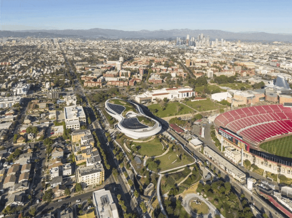 Aerial photo of Lucas Museum campus in Exposition Park.