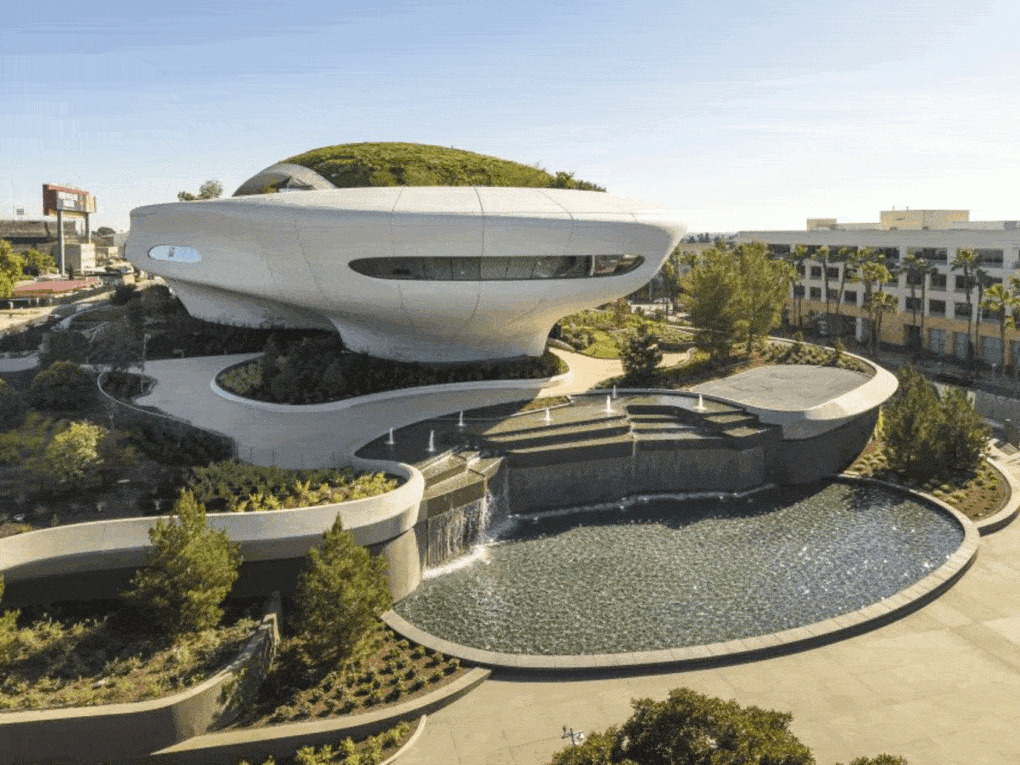 Lucas Museum, with waterfall and fountain. 