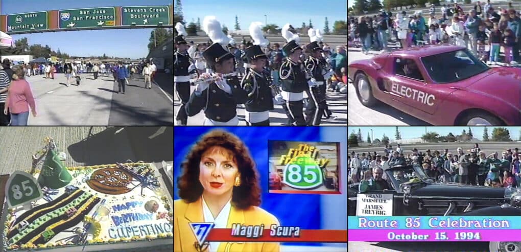 Grid of six small images; five depict festivities at the opening of Highway 85 with vintage cars, people walking on highway, giant cake, and a marching band. The sixth image is a newscaster talking about the event, a woman with a 1980s hairstyle.